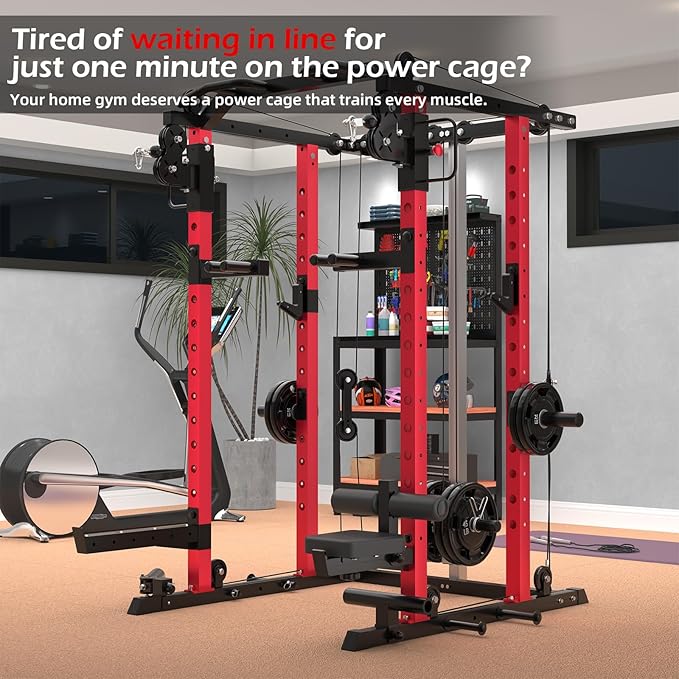 Power Squat Rack Cage Home Gym, 2000lbs All in One Dual Cable Crossover Machine with LAT Pulldown Strength Training Power Cages with Pulley Workout System, Garage Bench Press