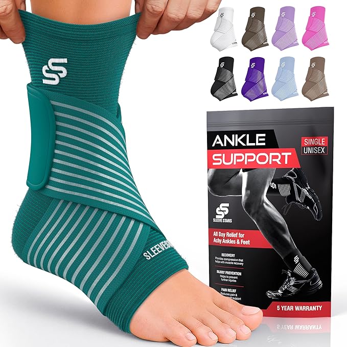 Sleeve Stars Ankle Brace for Women & Men, Ankle Wrap for Sprain, Compression Sleeve for Plantar Fasciitis Relief, Easy Customizable Support: w/ Removable Strap (Single/M:10"-12"/Turquoise)
