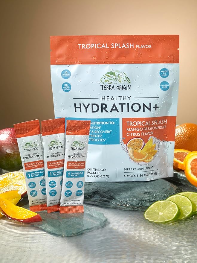 TERRA ORIGIN Healthy Hydration+ Tropical Splash Electrolyte Powder Packets | After Alcohol Aid with DHM | Mango Passionfruit Citrus Flavor | 30 On The Go Packs
