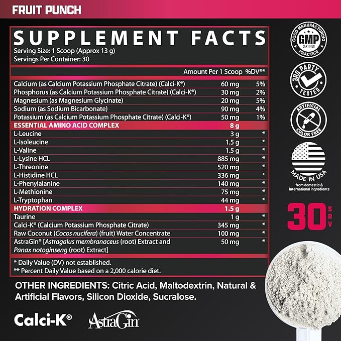 Nutrex Research EAA Hydration | EAAs + BCAA Powder | Muscle Recovery, Strength, Muscle Building, Endurance | 8G Essential Amino Acids + Electrolytes | 30 Servings (Fruit Punch)