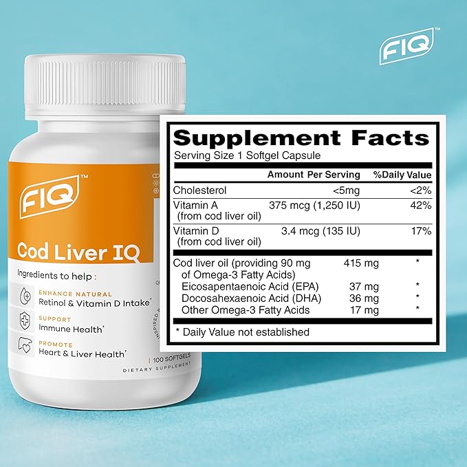 FIQ - Cod Liver IQ - Cod Liver Oil Softgels - Natural Source of Vitamins A & D and Omega-3 Fatty Acids - Heart, Liver & Immune Health - 100 Softgels