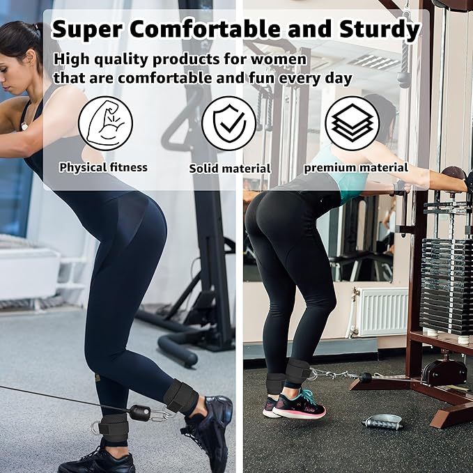 Fitness Ankle Straps for Cable Machine, Kickbacks Glute Workouts, Lower Body Exercises, Adjustable Leg Straps with Neoprene Padding Men Women