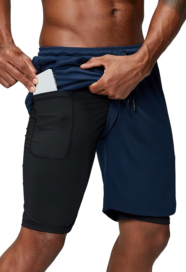 Pinkbomb Men's 2 in 1 Running Shorts Gym Workout Quick Dry Mens Shorts with Phone Pocket