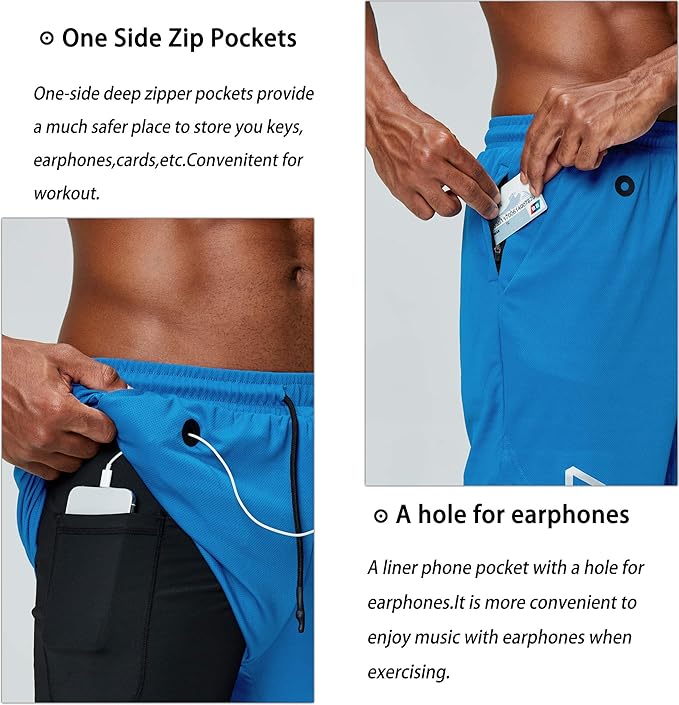 Pinkbomb Men's 2 in 1 Running Shorts Gym Workout Quick Dry Mens Shorts with Phone Pocket