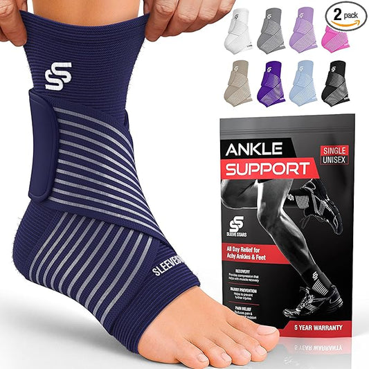 Sleeve Stars Ankle Brace for Women & Men, Ankle Wrap for Sprain, Compression Sleeve for Plantar Fasciitis Relief, Easy Customizable Support: w/ Removable Strap (Pair/M:10"-12"/Navy Blue)