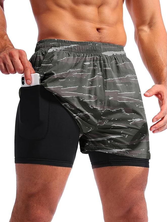 Pudolla Men’s 2 in 1 Running Shorts 5" Quick Dry Gym Athletic Workout Shorts for Men with Phone Pockets