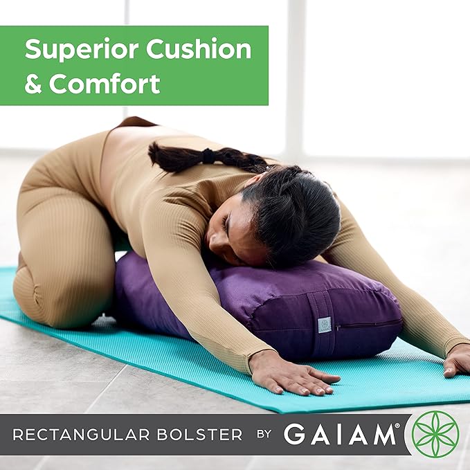 Gaiam Round Yoga Bolster Pillow, Soft Meditation Cushion for Yoga, Massage and Back Support, Breathable Cotton Fill, Zippered Microfiber Cover, Easy-Carry Handle, Machine Washable