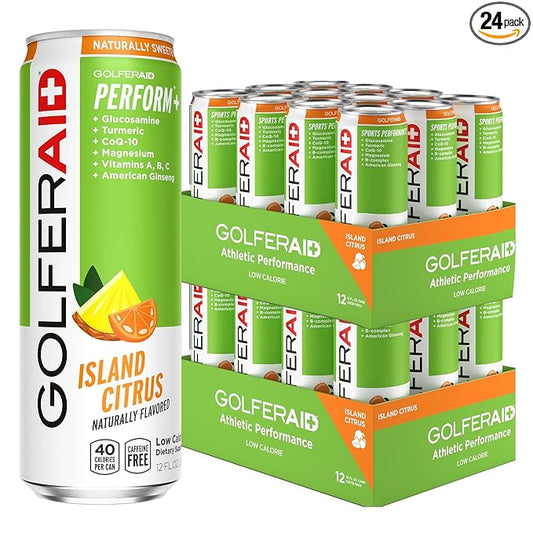 GOLFERAID Performance Blend, Up Your Golf Game, No Caffeine, Glucosamine, Turmeric, MSM, CoQ10, B-Complex, BCAAs and Electrolytes, 40 Calories, 100% Clean, Paleo, Vegan, 12-oz. cans (Pack of 24)