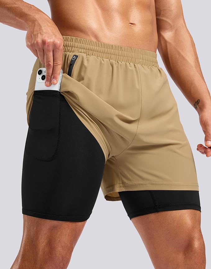 Pudolla Men's 7" Running Shorts with Zipper Pockets Quick Dry 2 in 1 Workout Gym Shorts with Liner for Tennis Yoga Training