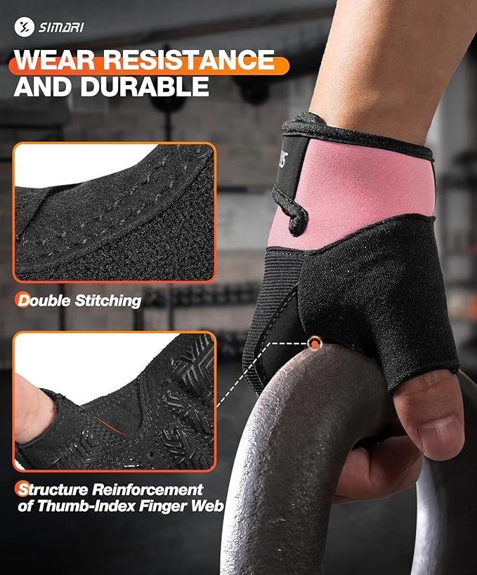 SIMARI Breathable Workout Gloves for Men & Women, Weight Lifting Gloves with Padded, Grip, Full Palm Protection, Gift for Gym Exercise, Cycling, Weightlifting Training, Fitness, Black, Pink, Size