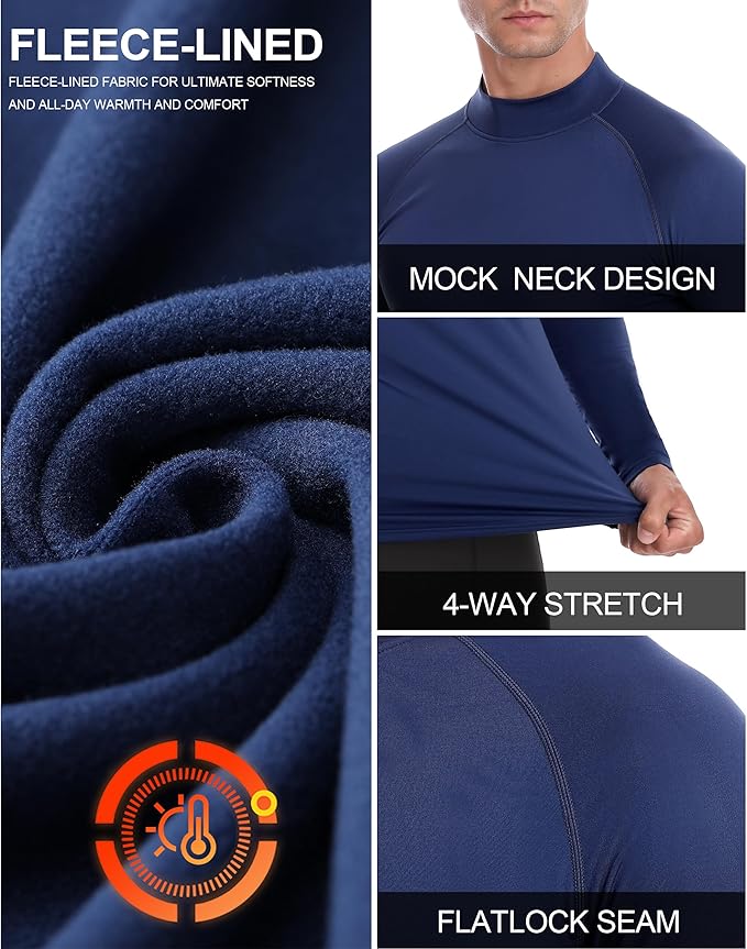Men's Thermal Compression Shirts, Long Sleeve Fleece Lined Turtleneck Undershirt, Cold Weather Ski Base Layer Tops