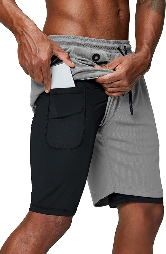 Pinkbomb Men's 2 in 1 Running Shorts Gym Workout Quick Dry Mens Shorts with Phone Pocket