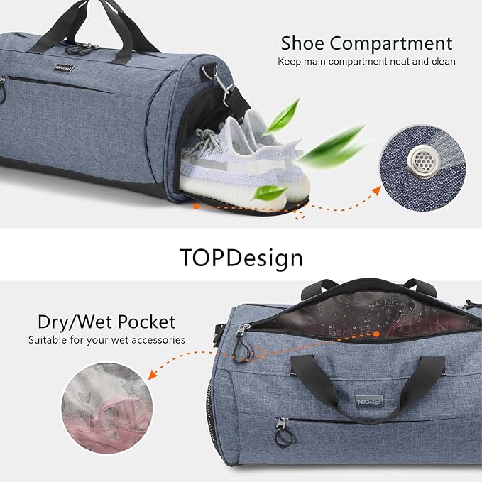 TOPDesign Gym Bag for Women & Men, Unisex Duffel Bag with Shoe Compartment & Wet Pocket for Travel Sports Gym (L Textured Blue)