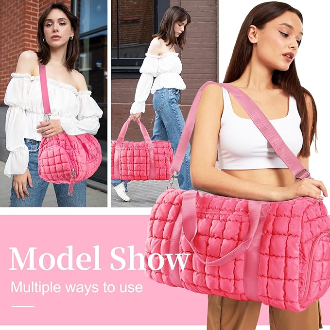 Quilted Travel Duffle Bag Gym Bag for Women,Large Puffer Duffle Weekender Bag with Compartment,Workout Overnight Carry on Organizer Bag Duffle Bag for Airplane Travel(Pink)