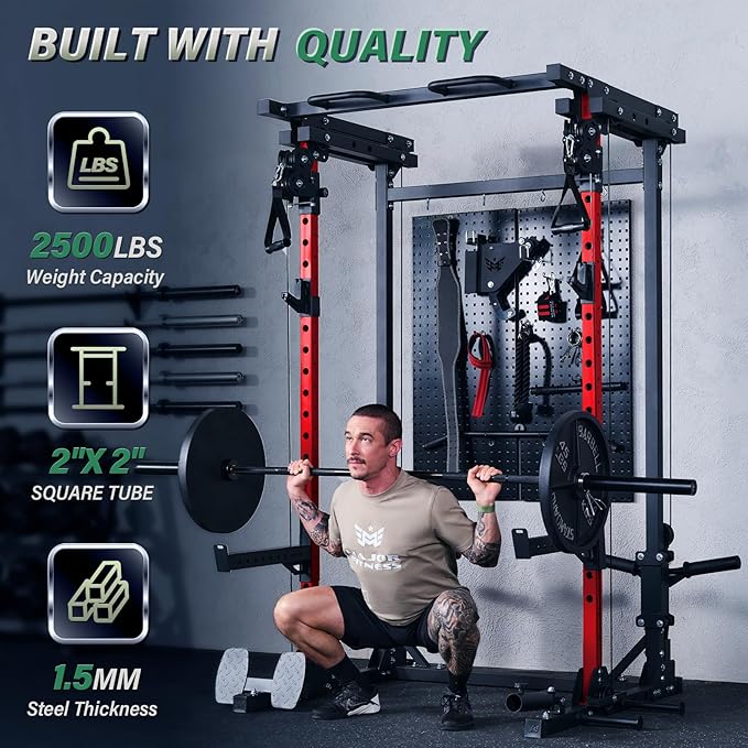 MAJOR FITNESS Drone3 Power Rack, Multi-Function Home Gym Squat Rack with Pull-Up Bar, Cable Crossover & J-Hooks, Heavy-Duty Steel Frame for Maximum Stability & Strength Training