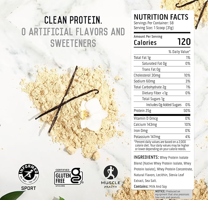 Ascent 100% Whey, Native Whey Protein Blend - Clean Post Workout Recovery, Digesting, Zero Artificial Flavors & Sweeteners, Gluten Free, 5.5g BCAA, 2.6g Leucine, Vanilla Bean 4 lb.