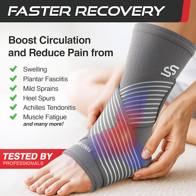 Sleeve Stars Ankle Brace for Women & Men, Ankle Wrap for Sprained Ankle, Compression Sleeve for Plantar Fasciitis Relief, Easy Customizable Support: w/Removable Strap (Single/L:12"-13"/Gray)