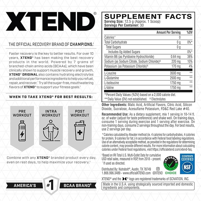 Xtend XTEND Original BCAA Powder 7g BCAA and 2.5g L-Glutamine, Sugar Free Post Workout Muscle Recovery Drink with Amino Acids for Men & Women, 30 Servings