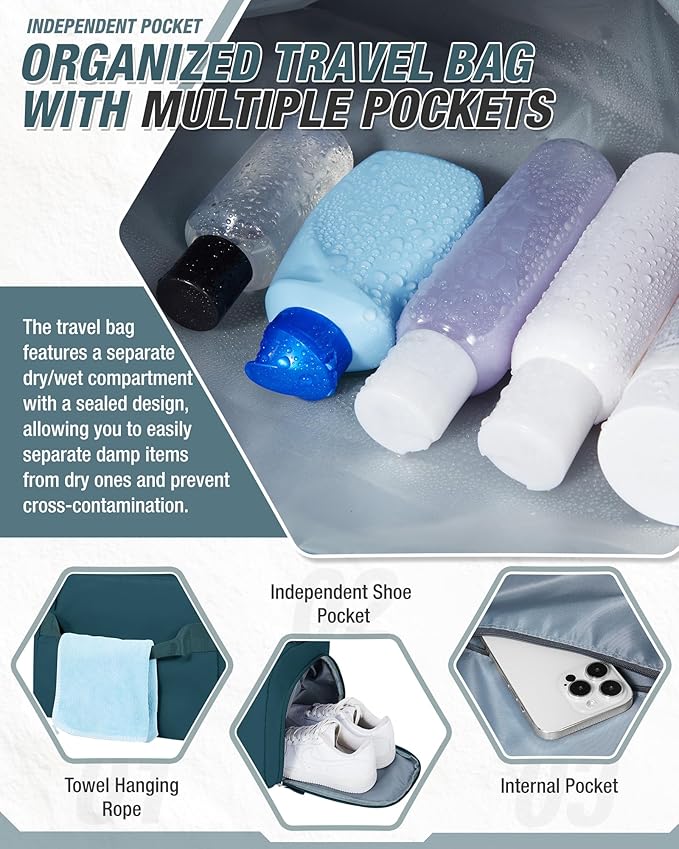 Gym Duffle Bag for Women Carry on Luggage Travel Essentials Airline Approved Personal Item 18x14x8 Inches Lightweight Weekender Sports Travel Duffel Bag with Shoe Compartment Wet Pocket PeacockBlue