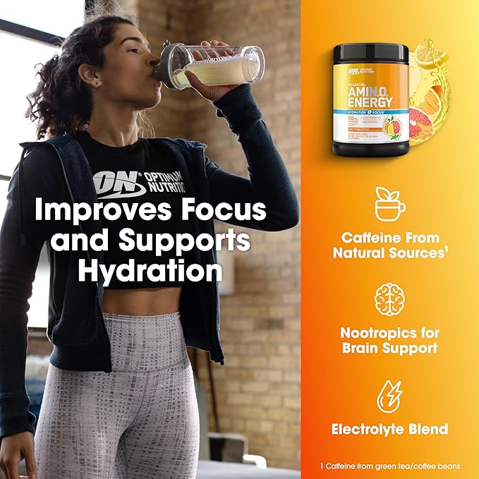 Optimum Nutrition Amino Energy Powder Plus Focus, with BCAA, Electrolytes, and Caffeine, Sunkissed Citrus, 65 Servings (Packaging May Vary)