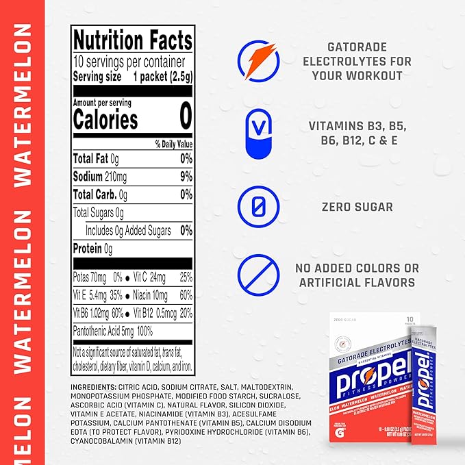 Propel Electrolyte Enhanced Water Drink Mix Powder Packets, Watermelon, Zero Calorie & Zero Sugar Hydration with Electrolytes and Vitamins C & E (120 Packets)