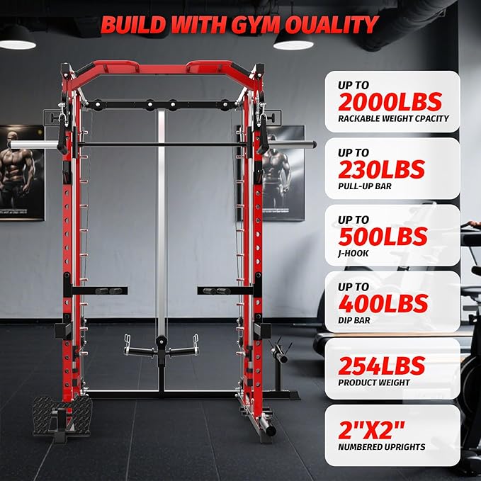 GarveeLife Power Cage, Smith Machine Squat Rack, Heavy Duty Power Rack for Home Gym with Pulley System, Dip Bar, LAT Pulldown, Multifunctional Squat Rack for Home Gym