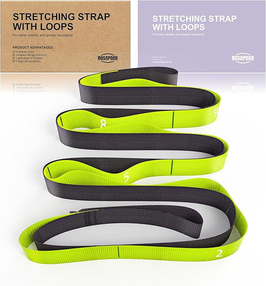 ROSAPOAR Stretching Strap with Loops - Non Elastic Yoga Straps for Physical Therapy, Durable Stretch Bands for Exercise, Flexibility Training, Hamstring & Leg Stretcher, Yoga/Pilates/Gymnastics