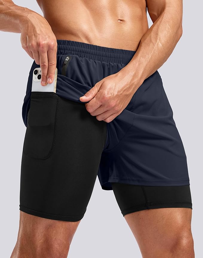 Pudolla Men's 7" Running Shorts with Zipper Pockets Quick Dry 2 in 1 Workout Gym Shorts with Liner for Tennis Yoga Training