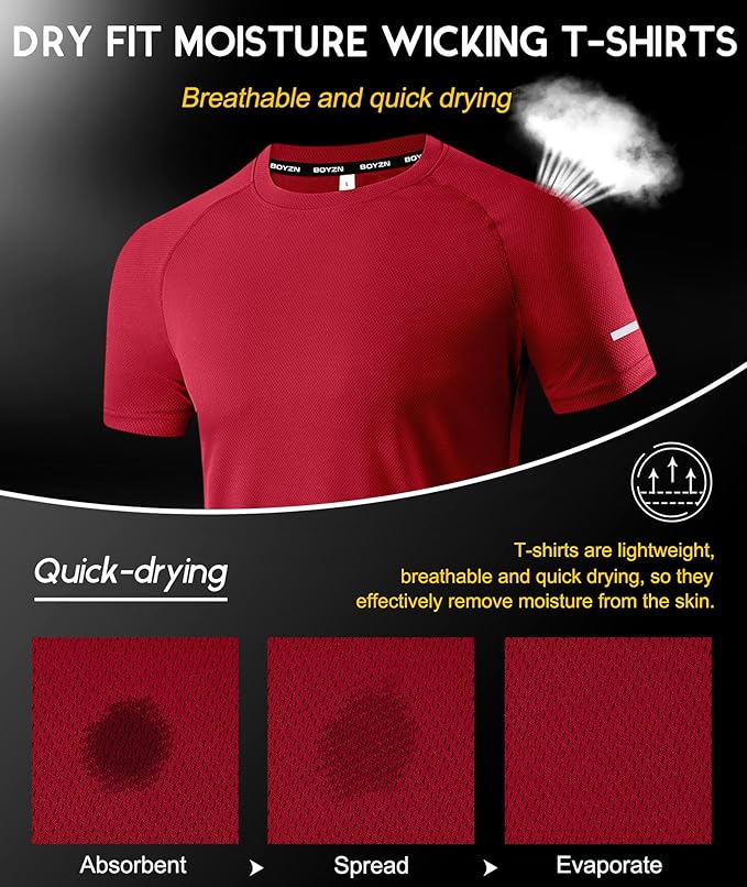 Boyzn 1, 3, 5 or 7 Pack Men's Workout Running Shirts, Dry Fit Moisture Wicking T-Shirt, Gym Athletic Short Sleeve Tee Shirts