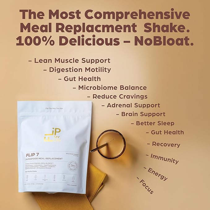 Flip My Life, Flip 7 Natural SuperFood, Plant-Based Protein, Complete Meal Replacement to Support Healthy Gut, 7 Mega Nutrient Rich Blends all in one to AGE BETTER - Vanilla