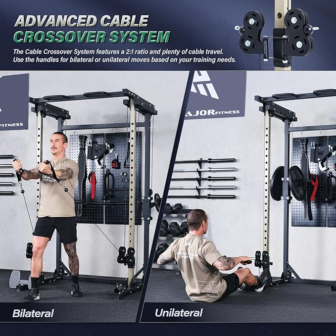 MAJOR FITNESS Drone3 Power Rack, Multi-Function Home Gym Squat Rack with Pull-Up Bar, Cable Crossover & J-Hooks, Heavy-Duty Steel Frame for Maximum Stability & Strength Training