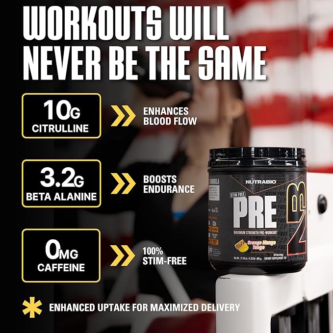 NutraBio STIM-Free PRE Workout for Men, New Formula | Laser Focus, Extreme Pumps | Performance, Endurance | 10g Citrulline, Beta Alanine, Nitrates, Nootropics, Electrolytes - 20 Servings Orange Mango