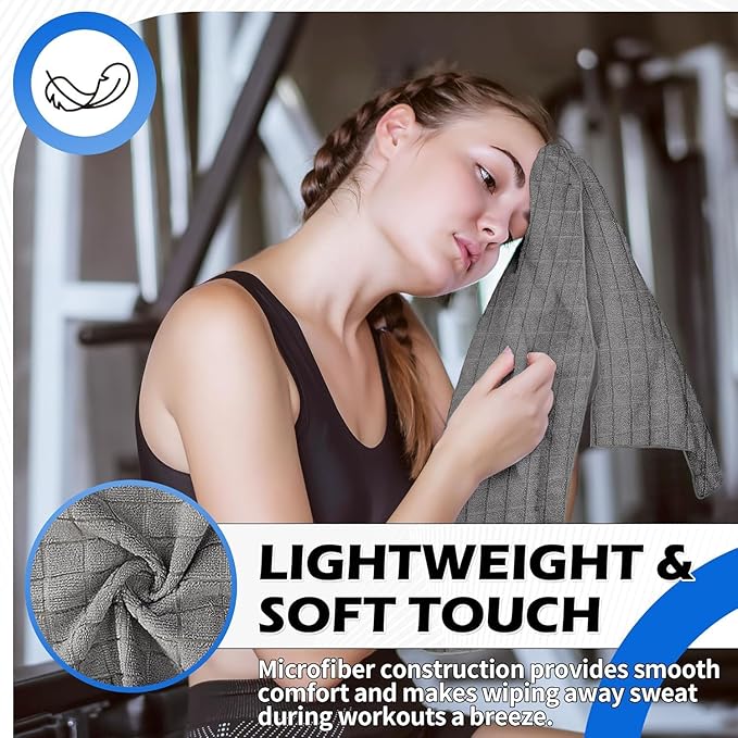 HOMERHYME Microfiber Towels, 10 Pack Grey Towel Set for Home Gym, 16 x 27 Inch Quick Dry Hand Towels, Absorbent Towels for Yoga Fitness Workout Travel Sweat Camping, Gym Accessories for Women Men