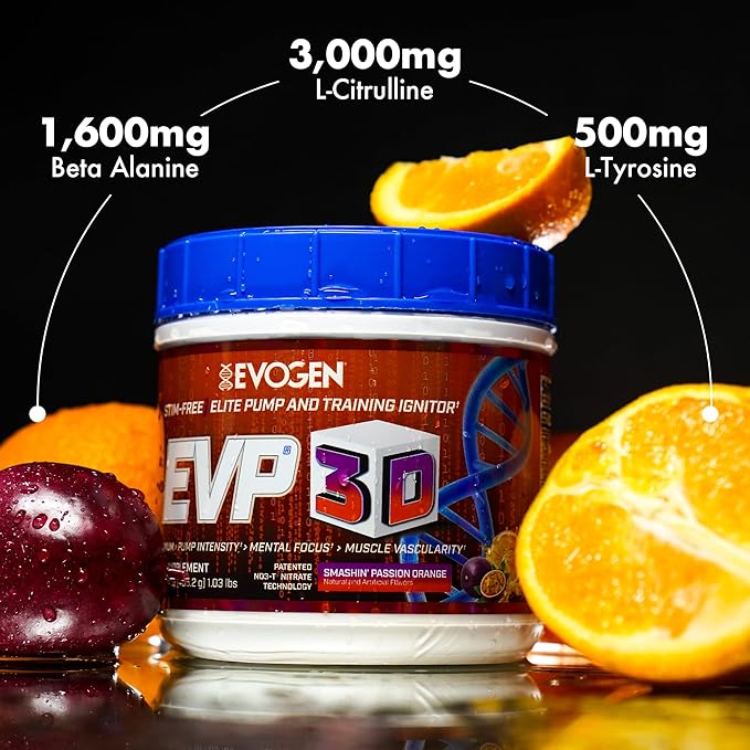 Evogen EVP 3D - Stim Free Pre Workout Powder for Men & Women | Sugar Free Non Stim Preworkout with Beta Alanine and Creatine for Energy & Pump | Orange | 40 Servings
