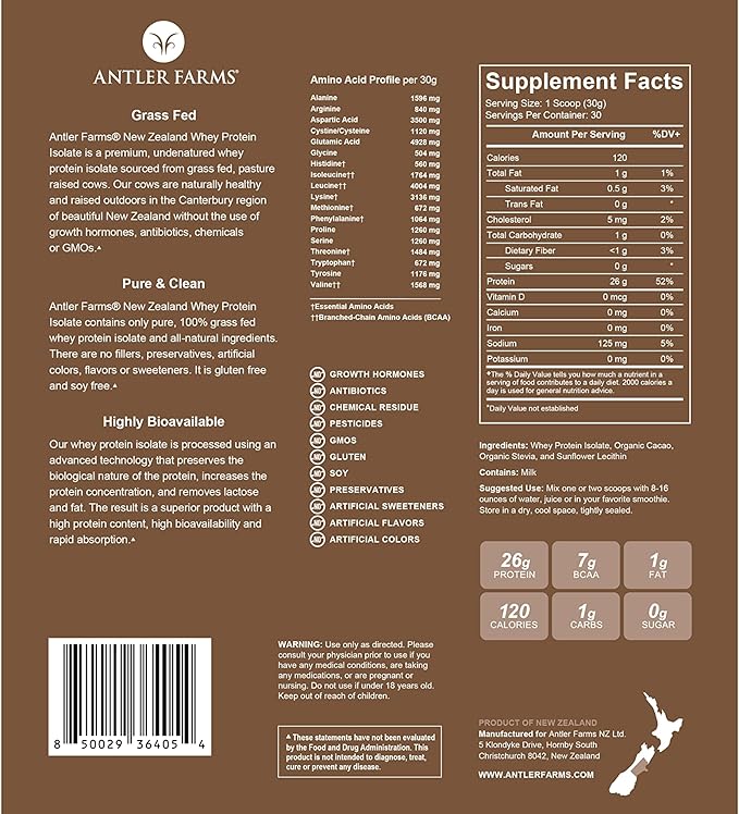 Antler Farms - 100% Grass Fed New Zealand Whey Protein Isolate, Chocolate Flavor, 2 lbs - Pure and Clean, 4 Ingredients, Delicious, Cold Processed