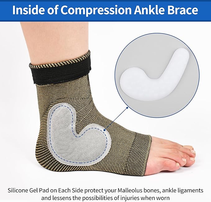 NeoAlly Copper Ankle Support Brace Compression Sleeve with Silicone Gel Reduce Foot Swelling Pain Relief from Plantar Fasciitis and Achilles Tendon (Small - 1 Pair)
