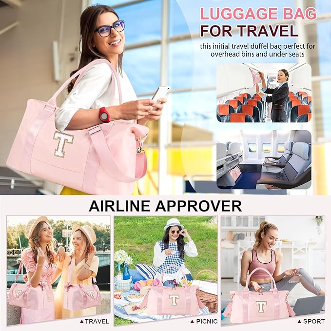 Dance Gym Duffel Bag for Teen Girls, Personalized Initial Travel Weekender Bag,Cute Overnight Carry On Duffle for Women,Sports Travel Cheer Bag,Monogram Christmas Gifts for Tween Preppy(pink-T)