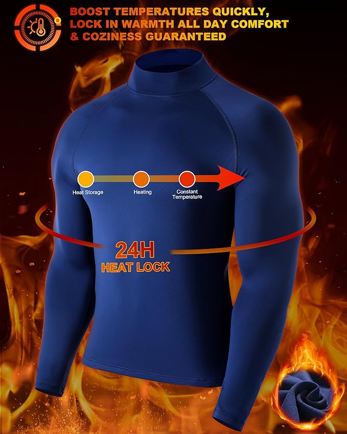 Men's Thermal Compression Shirts, Long Sleeve Fleece Lined Turtleneck Undershirt, Cold Weather Ski Base Layer Tops