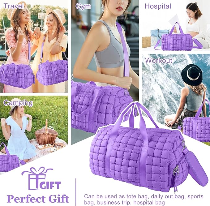 Quilted Travel Duffle Bag Gym Bag for Women,Large Puffer Duffle Weekender Bag with Compartment,Workout Overnight Carry on Organizer Bag Duffle Bag for Airplane Travel(L-Purple)