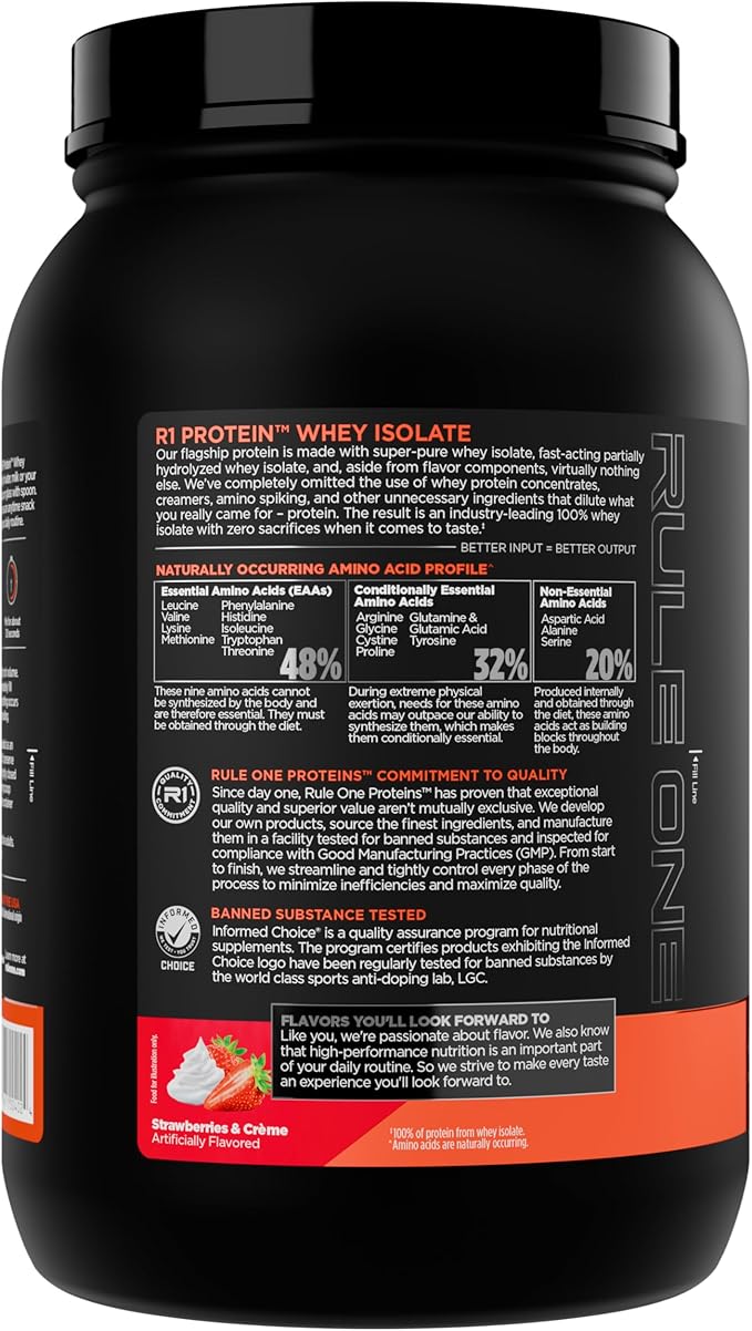 Rule 1 R1 Protein Whey Isolate - with 25g Protein & 6g BCAA Exclusively from Isolated & Hydrolyzed Sources for Workout Recovery (2 Pounds*, Strawberries & Crème)