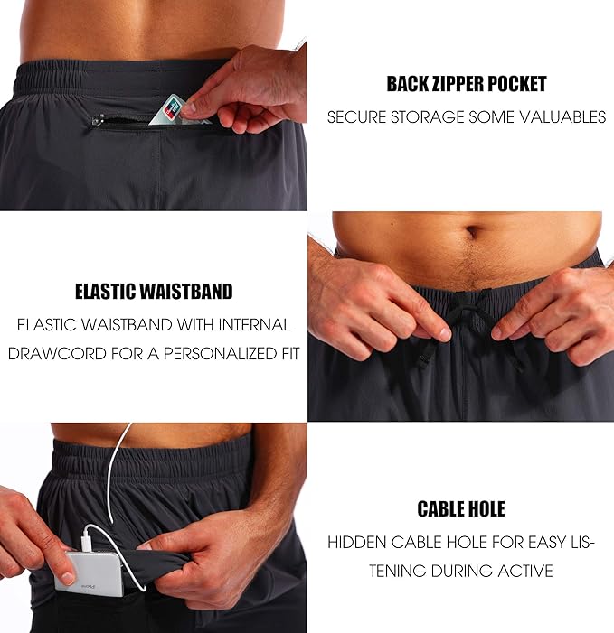 Pudolla Men’s 2 in 1 Running Shorts 5" Quick Dry Gym Athletic Workout Shorts for Men with Phone Pockets