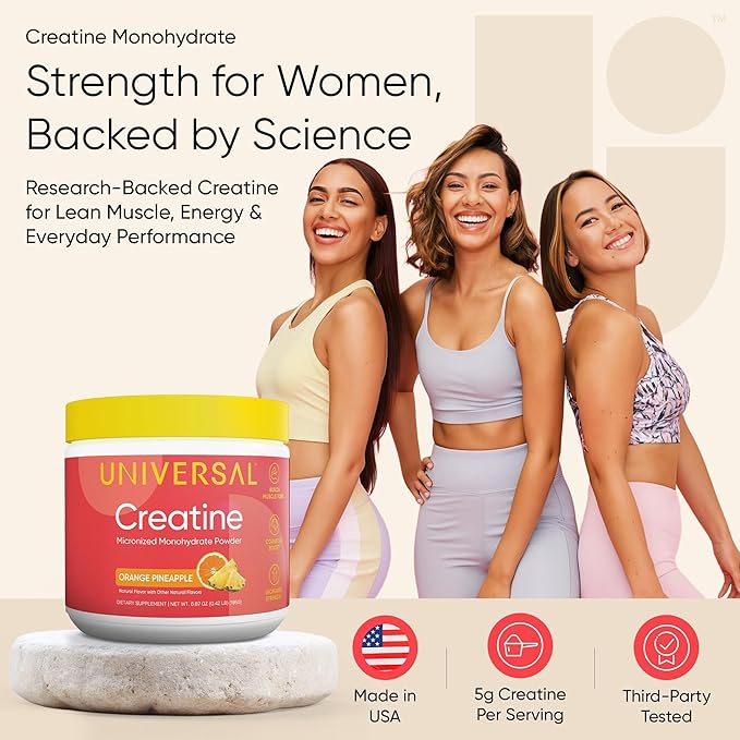 Universal U Creatine Monohydrate for Women - Flavored Creatine Powder, Female Strength, Energy, Lean Muscle Support and Recovery Supplement, No Bloat, No Bulk, 5g Per Serving, 30 Sv, Orange Pineapple