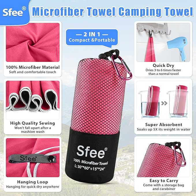 Sfee 2 Pack Microfiber Travel Towel, Quick Dry Towel Camping Towel Super Absorbent Compact Lightweight Sports Swim Gym Beach Towels Set for Gym, Hiking, Pool, Backpacking, Bath, Yoga