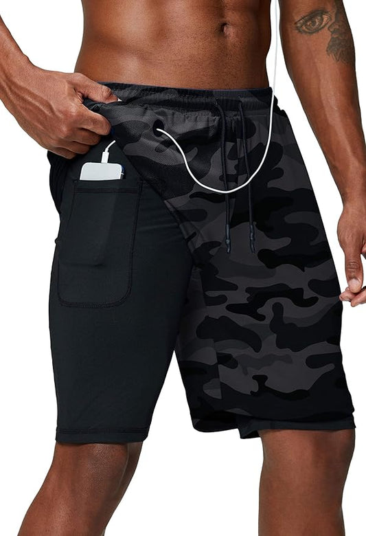 Pinkbomb Men's 2 in 1 Running Shorts Gym Workout Quick Dry Mens Shorts with Phone Pocket