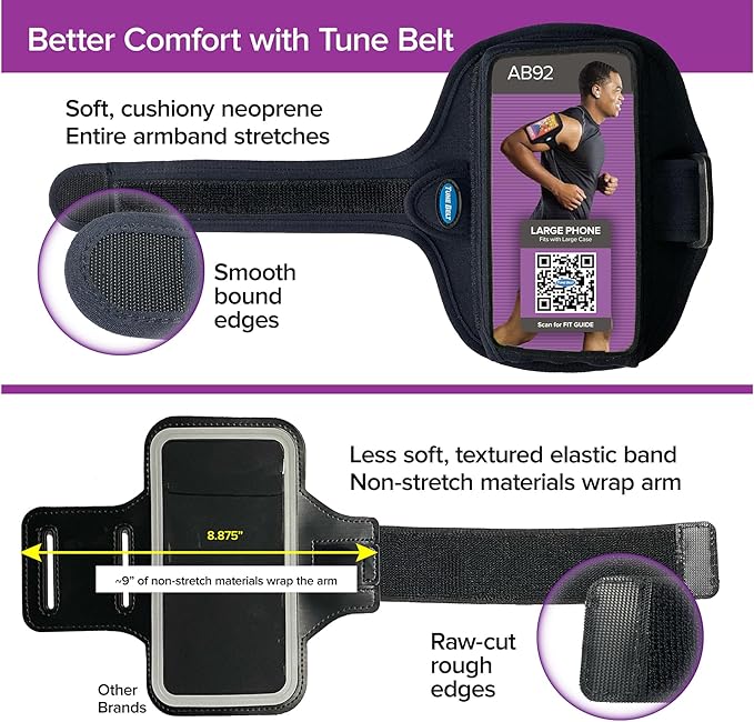 Tune Belt AB92 Cell Phone Armband for Running - Fits iPhone 16/15/14/13 Pro Max, Plus, Samsung Galaxy Ultra/Plus/Note and Large Phones with Protective Cases, Sweat-Resistant Exercise Holder (Black)