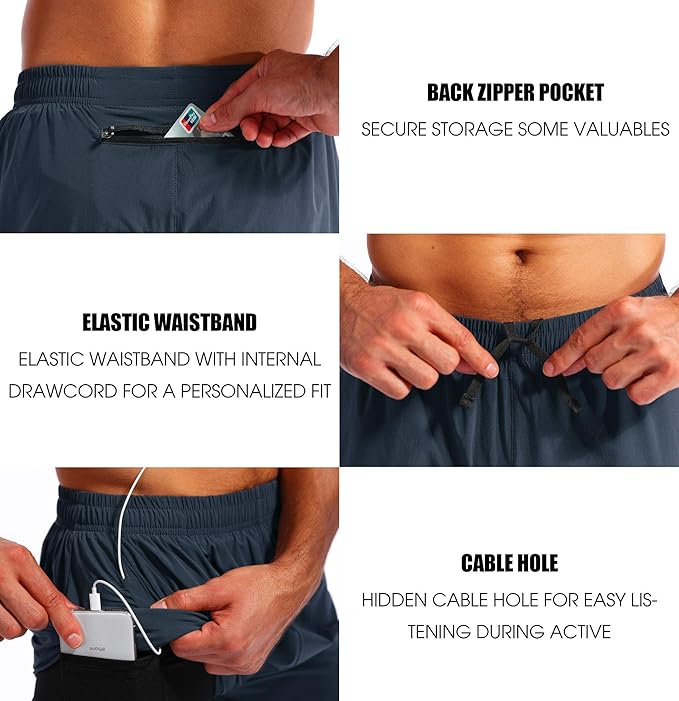 Pudolla Men’s 2 in 1 Running Shorts 5" Quick Dry Gym Athletic Workout Shorts for Men with Phone Pockets
