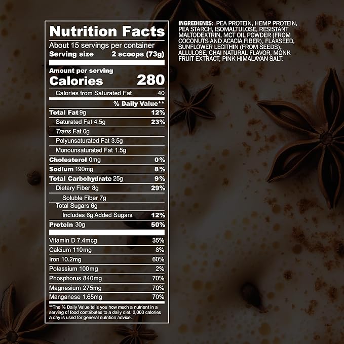 Blueprint by Bryan Johnson Vegan Protein Meal Replacement – Plant Based Hemp Protein with 27g Protein Per Serving – Low Calorie, Chai Flavored Protein for Women & Men – Dairy Free– 15 Servings