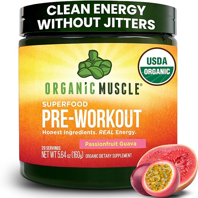 USDA Organic Pre-Workout Powder, Passionfruit Guava | Clean Energy Without Jitters | Natural Performance Boost | No Artificial Sweeteners | 20 Superfoods | Low Caffeine, 20 Servings