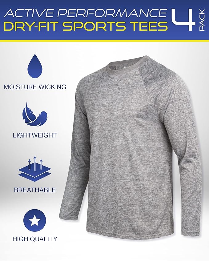 iXtreme Mens Athletic Shirts - 4 Pack Moisture Wicking Long Sleeve Dri Fit Shirts for Men - Workout Tops & Activewear (S-3X)