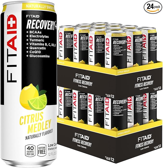 FITAID Recovery Blend, 100% Clean and Paleo Friendly, BCAAs, Glucosamine, Electrolyes, L-Glutamine, L-Arginine, Turmeric, Naturally Sweetened, Vegan 12 Fl Oz (Pack of 24)